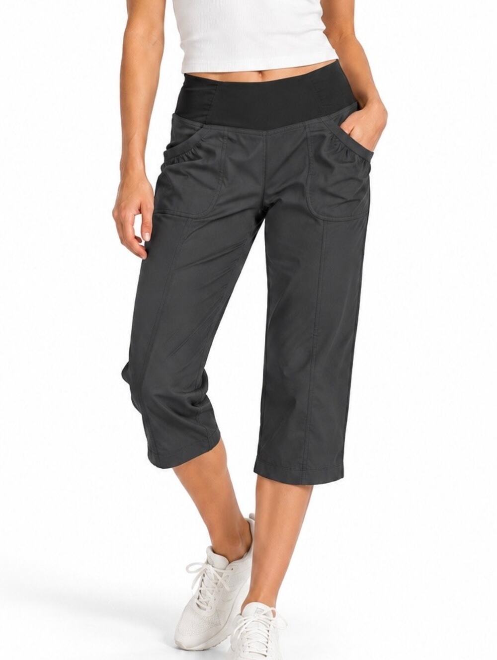 Prana Black Pull On Capri Pants Wide Waistband Ruched Pockets Size Medium